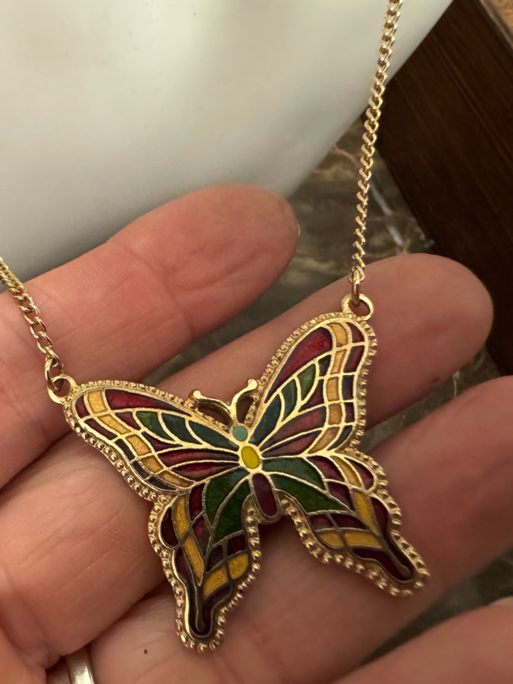 Gold Butterfly Pendant Necklace with Multicolor Enamel